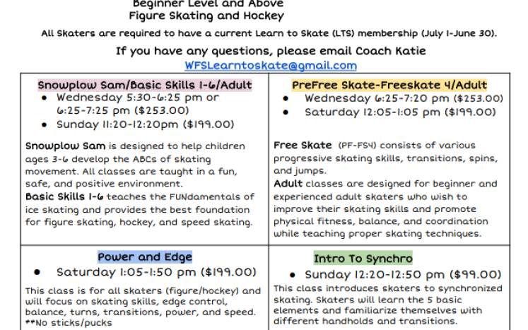 Warwick Figure skaters Spring 2024 Learn to Skate Class Registration
